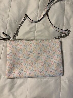 GUESS White Multicolor Logo Crossbody with Chain Strap